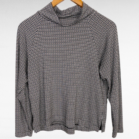 Lou & Grey for LOFT | Brown Black & White Houndstooth Mock Neck Sweater Top - Picture 6 of 7
